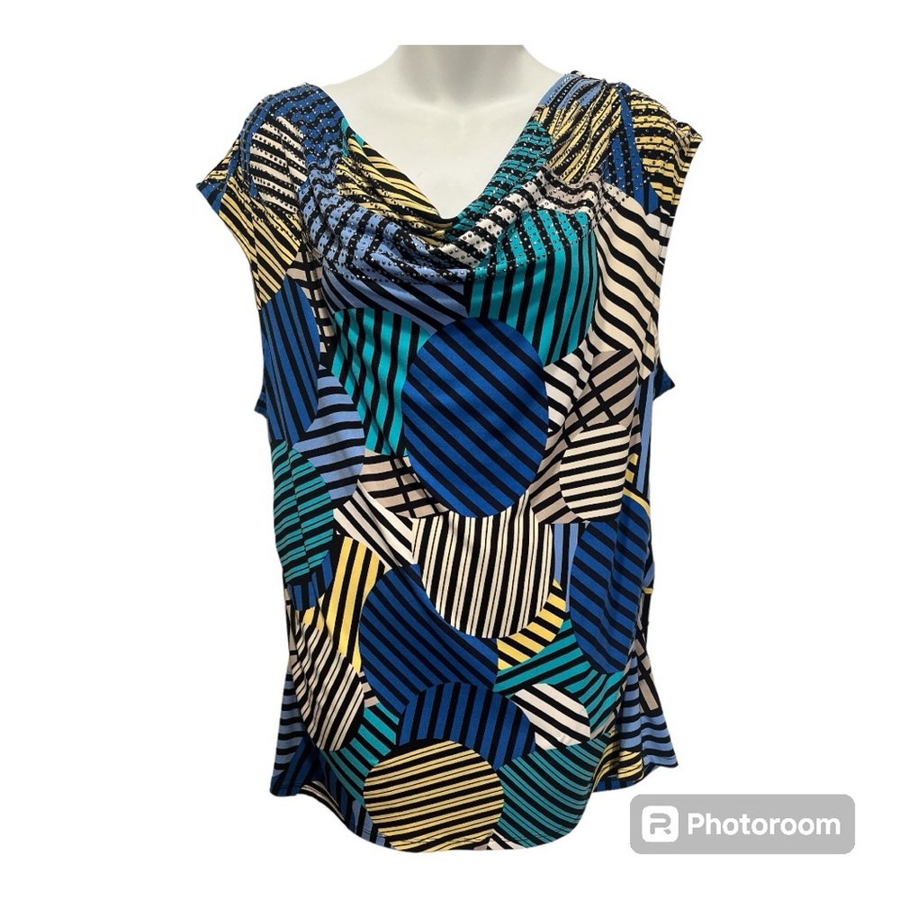 Style & Co Top.  Geometric design with embellishment Size large blue & yellow